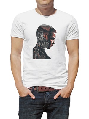 Qivi Stranger Things El Baskılı Beyaz Erkek Örme Tshirt
