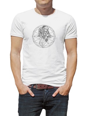 Qivi Astronot Uzay Boslugu Baskılı Beyaz Erkek Örme Tshirt