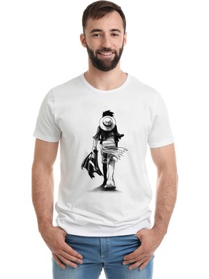 Qivi Anime One Piece Baskılı Beyaz Erkek Örme Tshirt