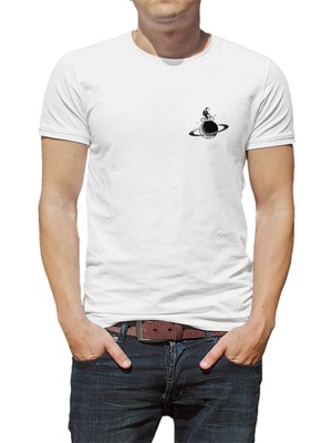 Qivi Astronot Jüpiter Bisiklet Baskılı Beyaz Erkek Örme Tshirt