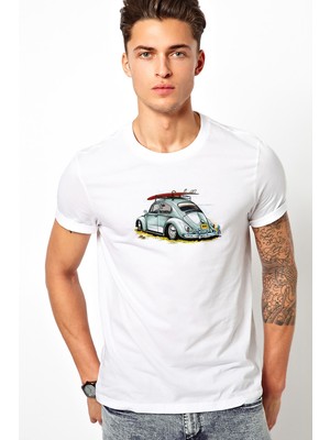 Qivi Açık Mavi Vosvos Tosbağa Baskılı Beyaz Erkek Örme Tshirt
