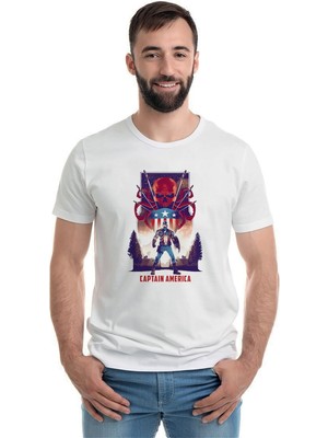 Qivi Captain America Baskılı Beyaz Erkek Örme Tshirt