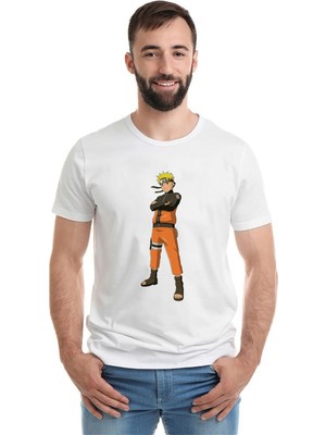Qivi Anime Naruto Headband Shıppuuden Baskılı Beyaz Erkek Örme Tshirt