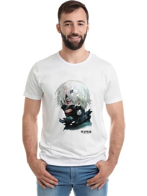 Qivi Anime Tokyo Ghoul Anteiku Baskılı Beyaz Erkek Örme Tshirt