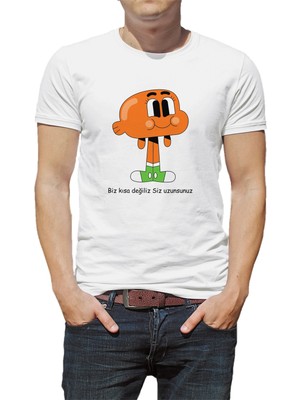 Qivi Gumball Biz Kısa Degiliz Siz Uzunsunuz Baskılı Beyaz Erkek Örme Tshirt