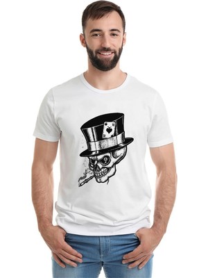 Qivi Gamblıng Smoke Skull Baskılı Beyaz Erkek Örme Tshirt