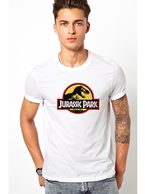 Qivi Jurassic Park Logo Black Yellow Red Baskılı Beyaz Erkek Örme Tshirt