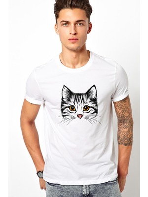 Qivi Kedi Yavru Kedi Sevimli Kedi Baskılı Beyaz Erkek Örme Tshirt