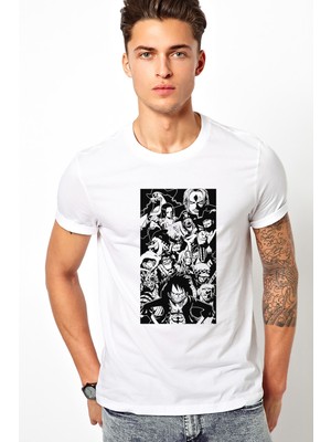 Qivi Anime One Piece Baskılı Beyaz Erkek Örme Tshirt
