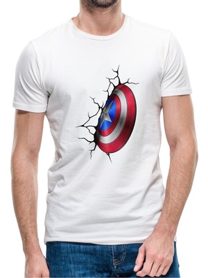 Qivi Captain America Shield Wall Baskılı Beyaz Erkek Örme Tshirt