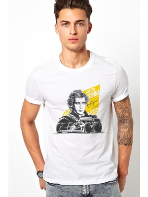Qivi Formula F1 Ayrton Senna F1 Car Baskılı Beyaz Erkek Örme Tshirt