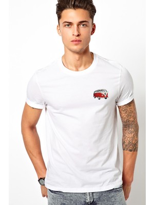 Qivi Araba Minibüs Kırmızı T2 Baskılı Beyaz Erkek Örme Tshirt