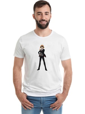 Qivi Anime One Piece Commander Baskılı Beyaz Erkek Örme Tshirt