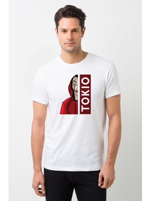 Qivi La Case De Papel Tokyo Tokio Baskılı Beyaz Erkek Örme Tshirt