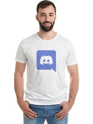 Qivi Discord Logo Baskılı Beyaz Erkek Örme Tshirt