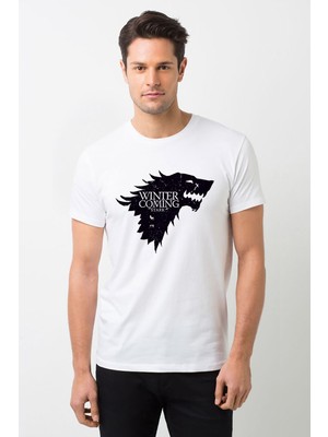 Qivi Game Of Thrones Baskılı Beyaz Erkek Örme Tshirt