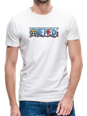 Qivi Anime One Piece Luffy Hat Baskılı Beyaz Erkek Örme Tshirt