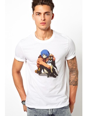 Qivi Anime Neon Genesis Evangelion Baskılı Beyaz Erkek Örme Tshirt