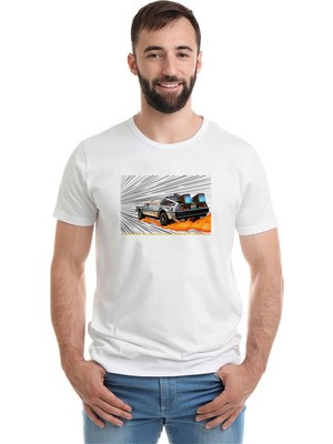 Qivi Back To The Future Car Baskılı Beyaz Erkek Örme Tshirt