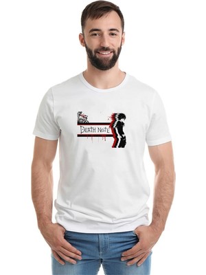 Qivi Anime Death Note Baskılı Beyaz Erkek Örme Tshirt