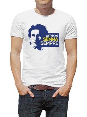 Qivi Formula F1 Ayrton Senna F1 Car Baskılı Beyaz Erkek Örme Tshirt