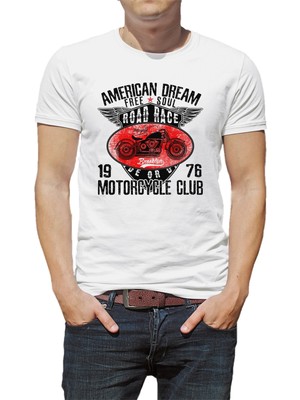 Qivi Motorcycle American Moto Dream Free Soul Baskılı Beyaz Erkek Örme Tshirt