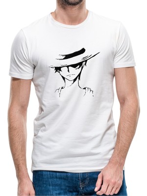 Qivi Anime One Piece Baskılı Beyaz Erkek Örme Tshirt