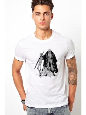 Qivi Anime One Piece Baskılı Beyaz Erkek Örme Tshirt