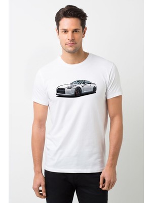 Qivi Nissan Gt R Ön Baskılı Beyaz Erkek Örme Tshirt