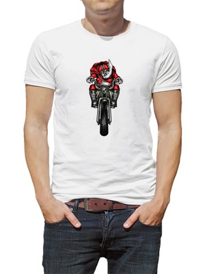Qivi Motor Noelbaba Kuru Kafa Rock Metal Baskılı Beyaz Erkek Örme Tshirt