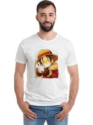 Qivi Anime One Piece Luffy Straw Hat Baskılı Beyaz Erkek Örme Tshirt