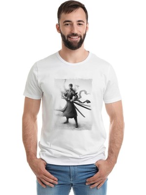 Qivi Anime One Piece Flame Baskılı Beyaz Erkek Örme Tshirt