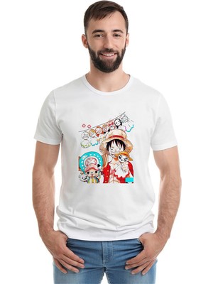 Qivi Anime One Piece Luffy Hat Baskılı Beyaz Erkek Örme Tshirt
