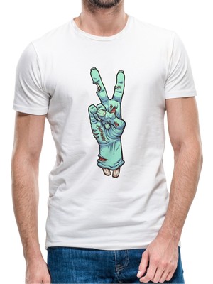 Qivi Zombie Peace Baskılı Beyaz Erkek Örme Tshirt