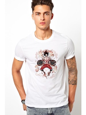 Qivi Anime One Piece Flame Baskılı Beyaz Erkek Örme Tshirt