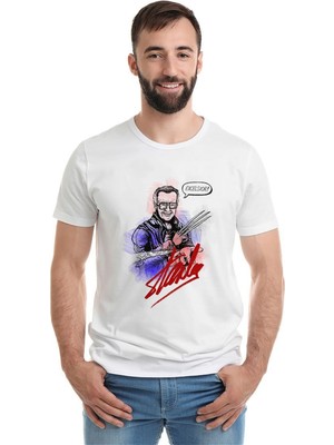 Qivi Stan Lee Marvel Kara Kalem Baskılı Beyaz Erkek Örme Tshirt