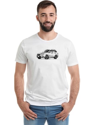 Qivi Subaru Forester Baskılı Beyaz Erkek Örme Tshirt