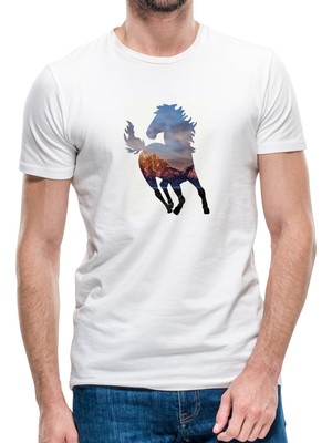 Qivi Silhouette Wild Mustang Horse Erkek Beyaz Tshirt
