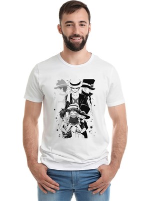 Qivi Anime One Piece Baskılı Beyaz Erkek Örme Tshirt