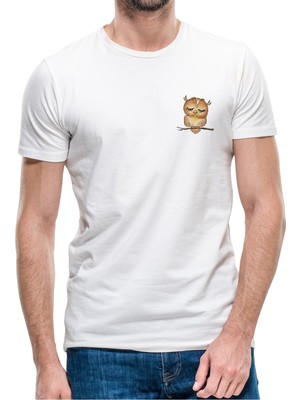 Qivi Owl Uykucu Baykuş Göğüs Baskılı Beyaz Erkek Örme Tshirt