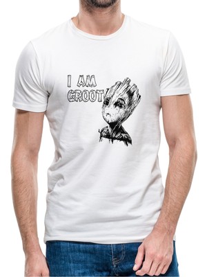 Qivi I Am Groot Wood Text Baskılı Beyaz Erkek Örme Tshirt