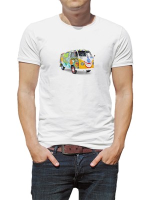 Qivi 1357 Volkswagen Kombi Hippie 18 Olkswagen Baskılı Beyaz Erkek Örme Tshirt