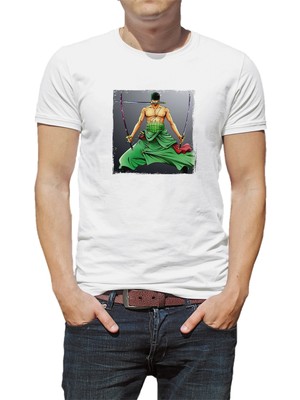 Qivi Anime One Piece Roronoa Zoro Baskılı Beyaz Erkek Örme Tshirt