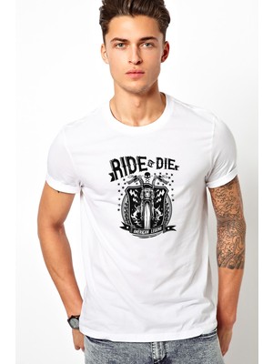Qivi Ride Or Die Motorsiklet Motor Baskılı Beyaz Erkek Örme Tshirt