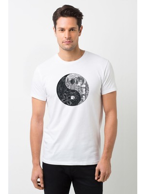 Qivi Stranger Things Ying Yang Upside Down Baskılı Beyaz Erkek Örme Tshirt