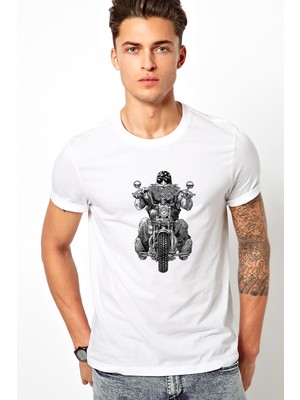 Qivi Motorcu Motorsiklet Baskılı Beyaz Erkek Örme Tshirt