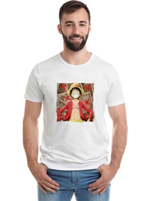 Qivi Anime One Piece King Of Pirate Baskılı Beyaz Erkek Örme Tshirt