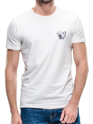 Qivi Pokemon Avengermon Butterfree Kelebek Baskılı Beyaz Erkek Örme Tshirt