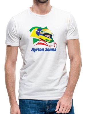 Qivi Formula F1 Ayrton Senna F1 Car Baskılı Beyaz Erkek Örme Tshirt