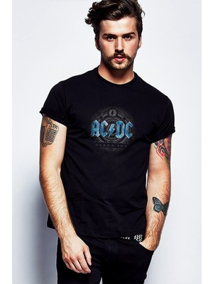 Qivi Blue Flashing Acdc Ipad Air Metal Baskılı Siyah Erkek Örme Tshirt